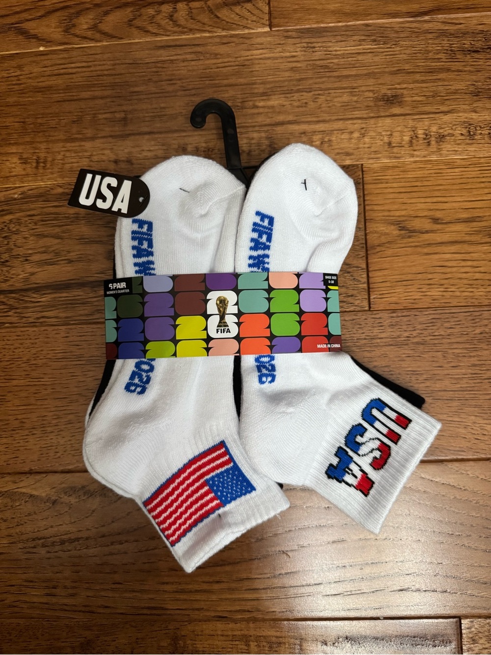 USA Crew Socks - (5 Pairs) White with Flag Accent, USA & Black